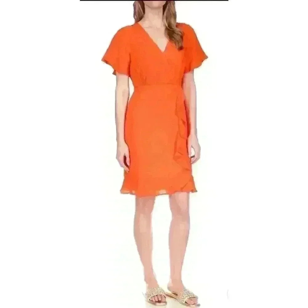Michael Kors Women Pinstripe Crepe Pleated Faux Wrap Dress Orange‎ Optic Size S